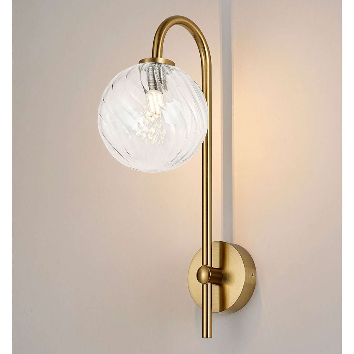 Tenterden Curved Arm IP44 Wall Light in Brass Gold with Swirl Round Clear Glass Diffuser