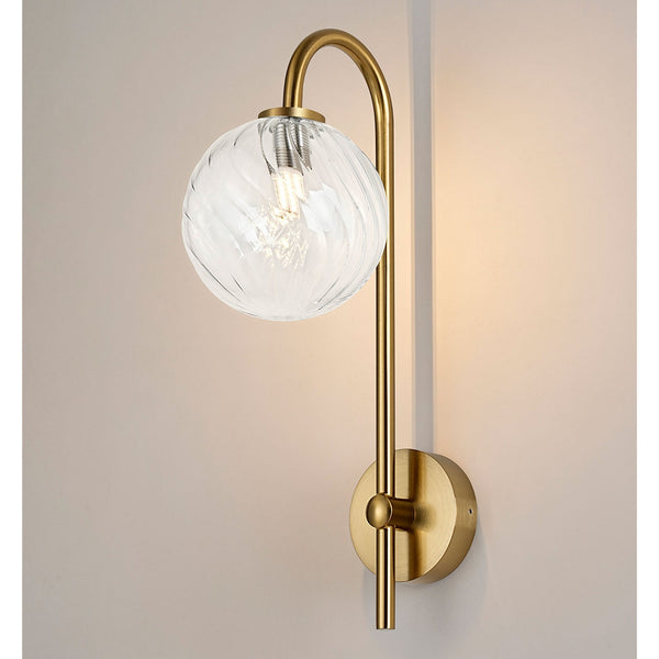 Tenterden Curved Arm IP44 Wall Light in Brass Gold with Swirl Round Clear Glass Diffuser