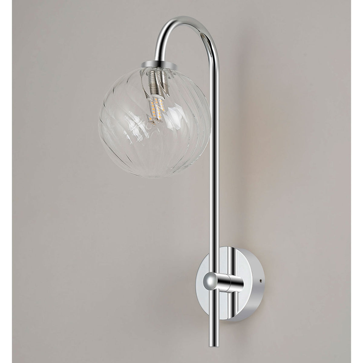 Tenterden Curved Arm IP44 Wall Light in Chrome with Swirl Round Clear Glass Diffuser