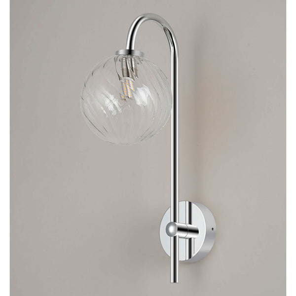 Tenterden Curved Arm IP44 Wall Light in Chrome with Swirl Round Clear Glass Diffuser