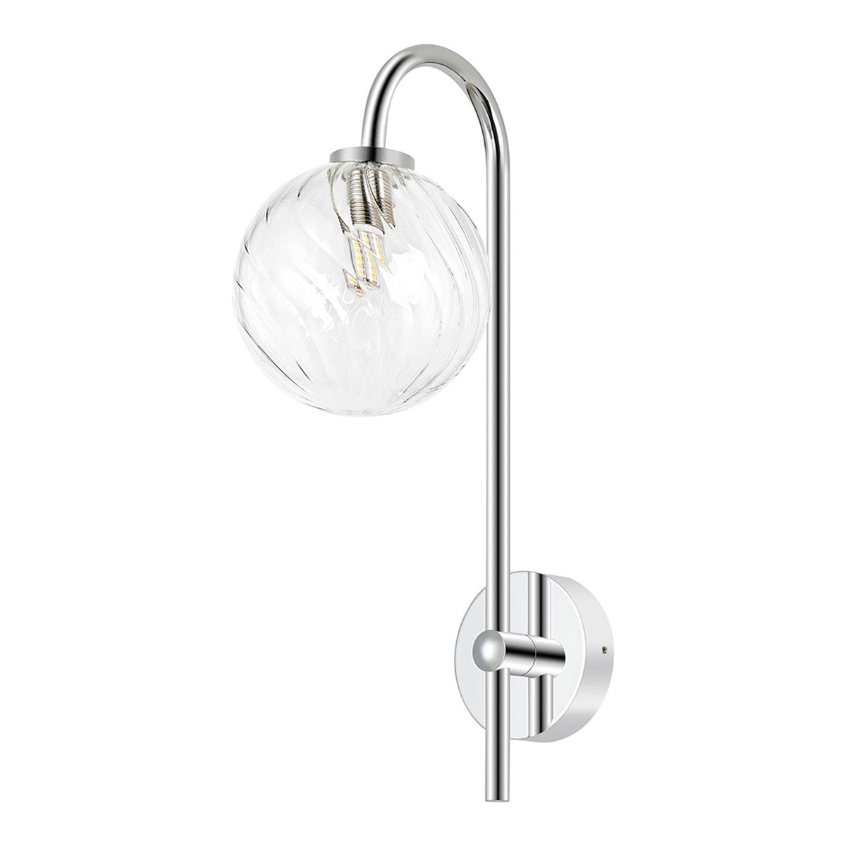 Tenterden Curved Arm IP44 Wall Light in Chrome with Swirl Round Clear Glass Diffuser