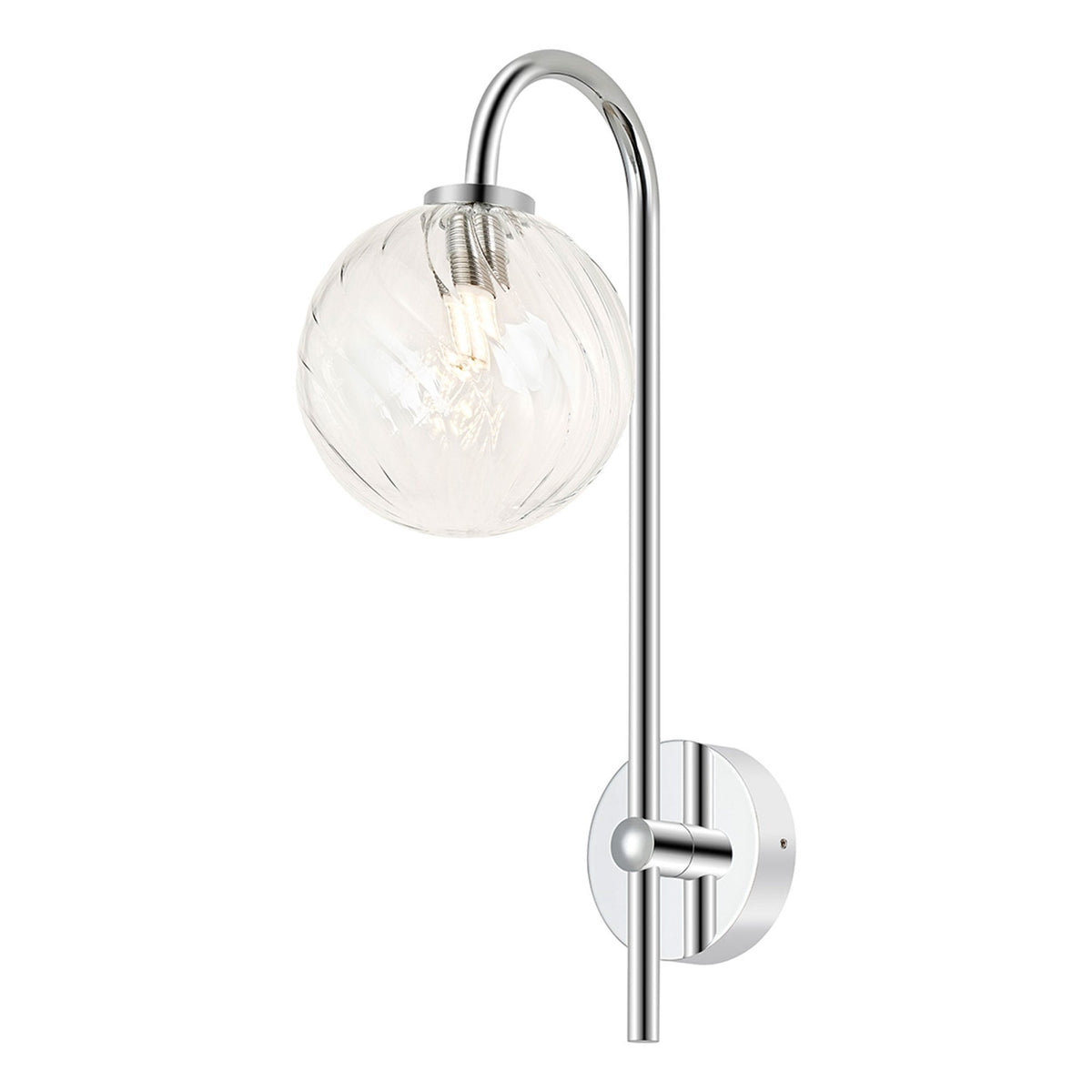 Tenterden Curved Arm IP44 Wall Light in Chrome with Swirl Round Clear Glass Diffuser