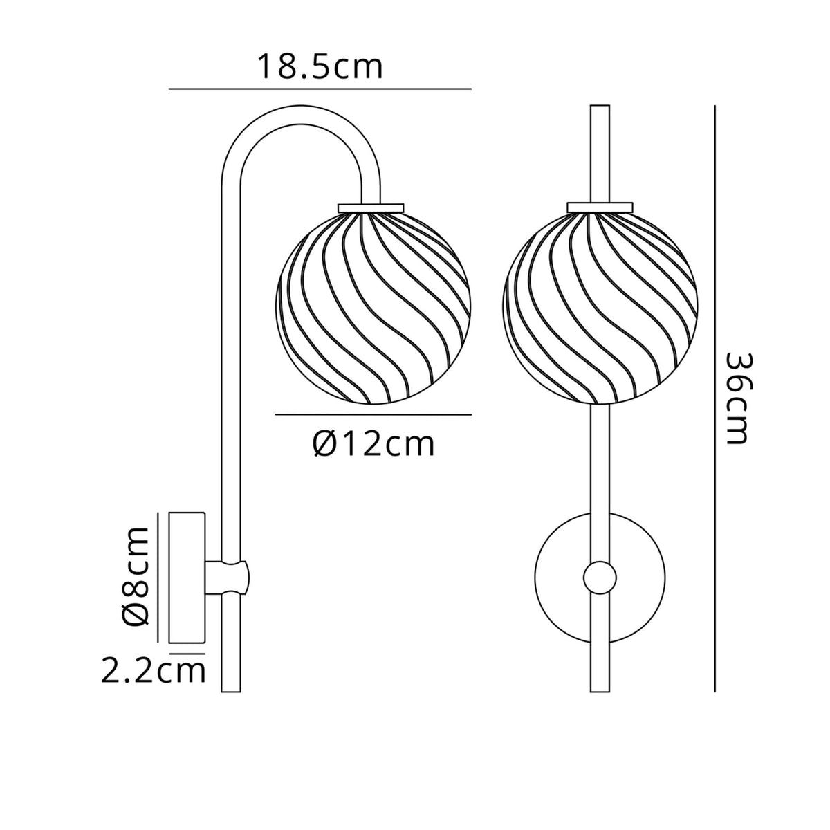 Tenterden Curved Arm IP44 Wall Light in Chrome with Swirl Round Clear Glass Diffuser