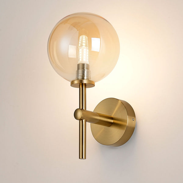 Tenterden Medium Arm IP44 Wall Light in Brass Gold with Smooth Round Amber Glass Diffuser