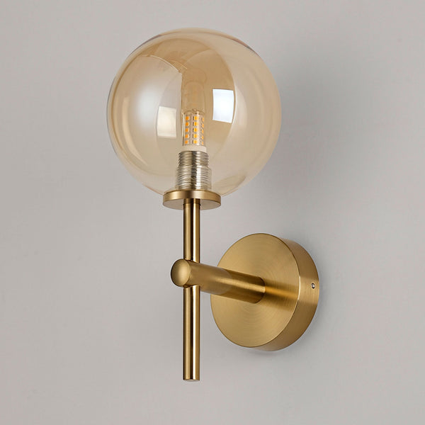 Tenterden Medium Arm IP44 Wall Light in Brass Gold with Smooth Round Amber Glass Diffuser