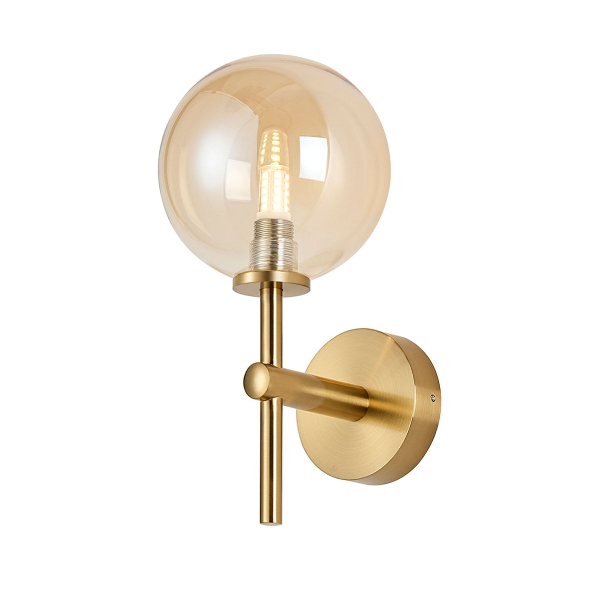 Tenterden Medium Arm IP44 Wall Light in Brass Gold with Smooth Round Amber Glass Diffuser