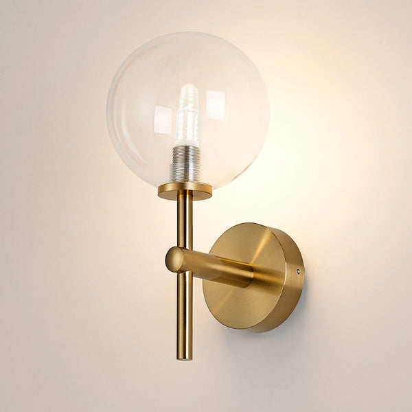 Tenterden Medium Arm IP44 Wall Light in Brass Gold with Smooth Round Clear Glass Diffuser