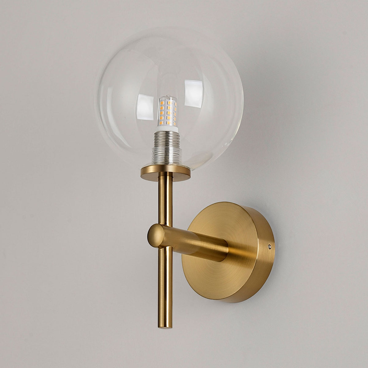 Tenterden Medium Arm IP44 Wall Light in Brass Gold with Smooth Round Clear Glass Diffuser