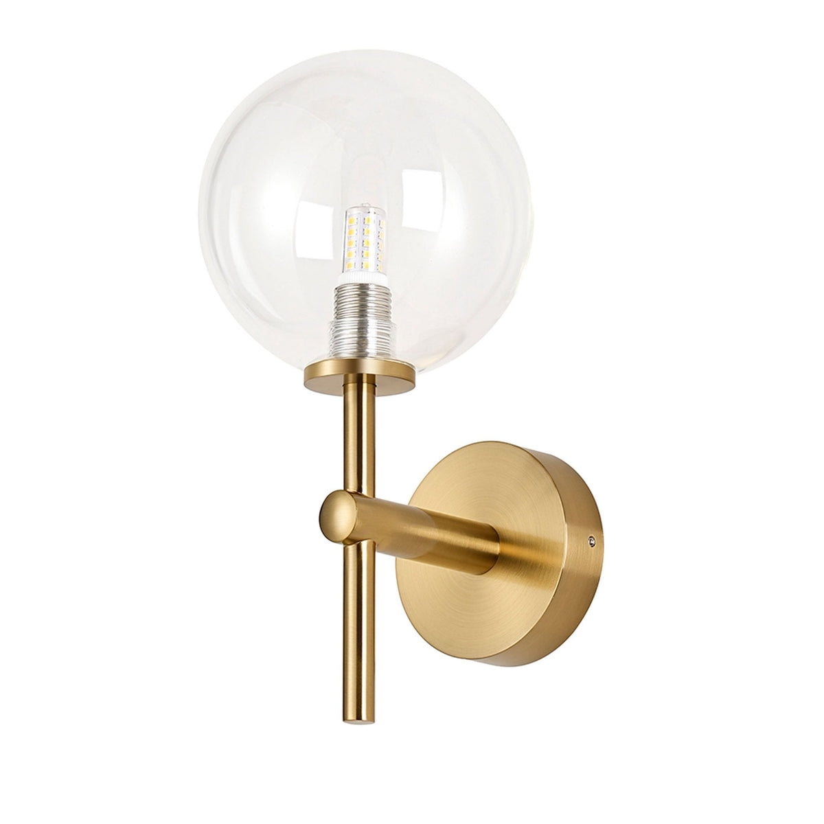 Tenterden Medium Arm IP44 Wall Light in Brass Gold with Smooth Round Clear Glass Diffuser