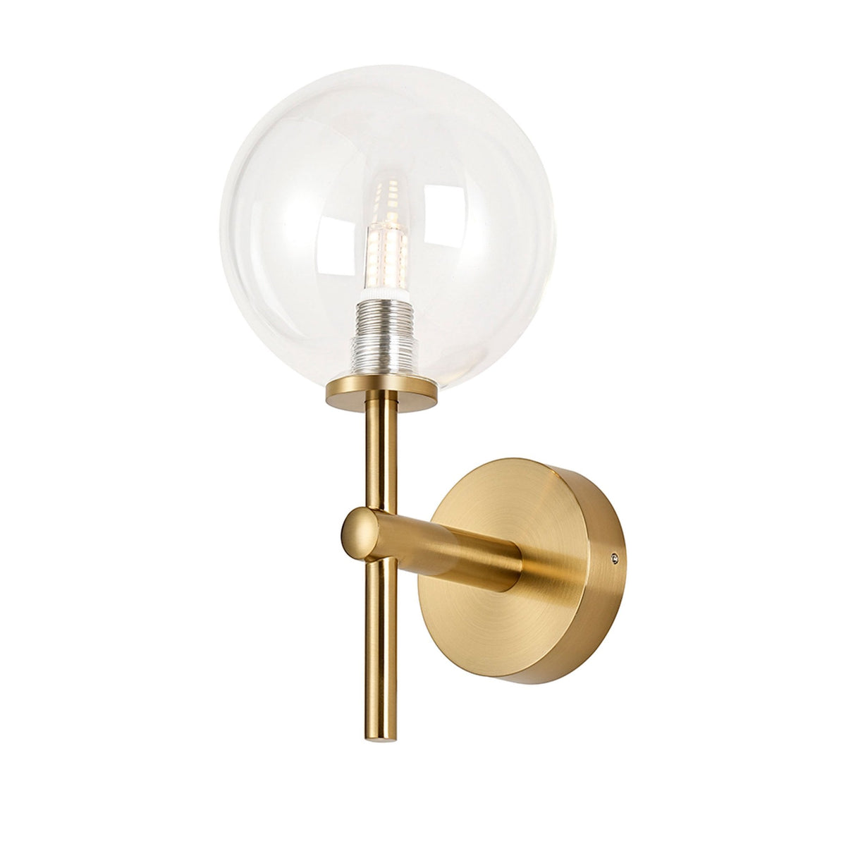 Tenterden Medium Arm IP44 Wall Light in Brass Gold with Smooth Round Clear Glass Diffuser