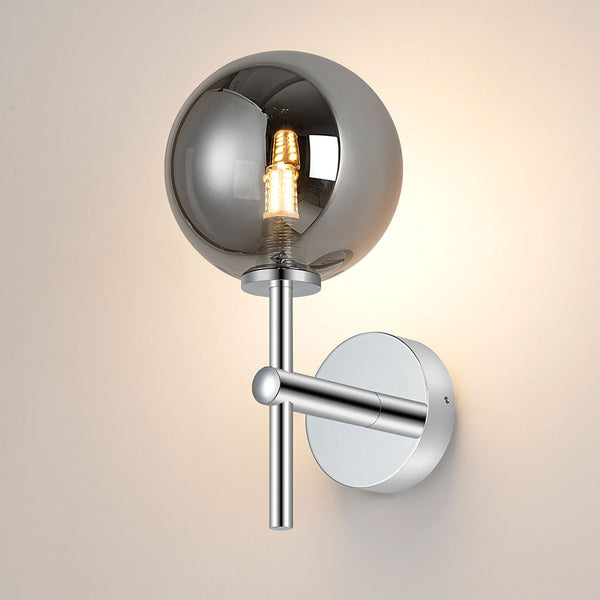 Tenterden Medium Arm IP44 Wall Light in Chrome with Smooth Round Smoke Glass Diffuser