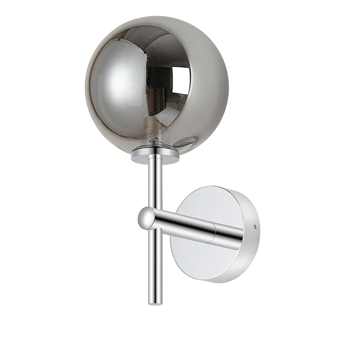 Tenterden Medium Arm IP44 Wall Light in Chrome with Smooth Round Smoke Glass Diffuser