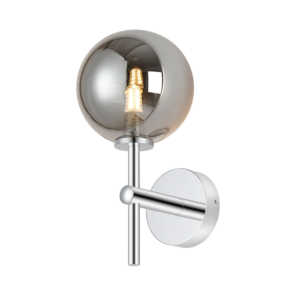 Tenterden Medium Arm IP44 Wall Light in Chrome with Smooth Round Smoke Glass Diffuser