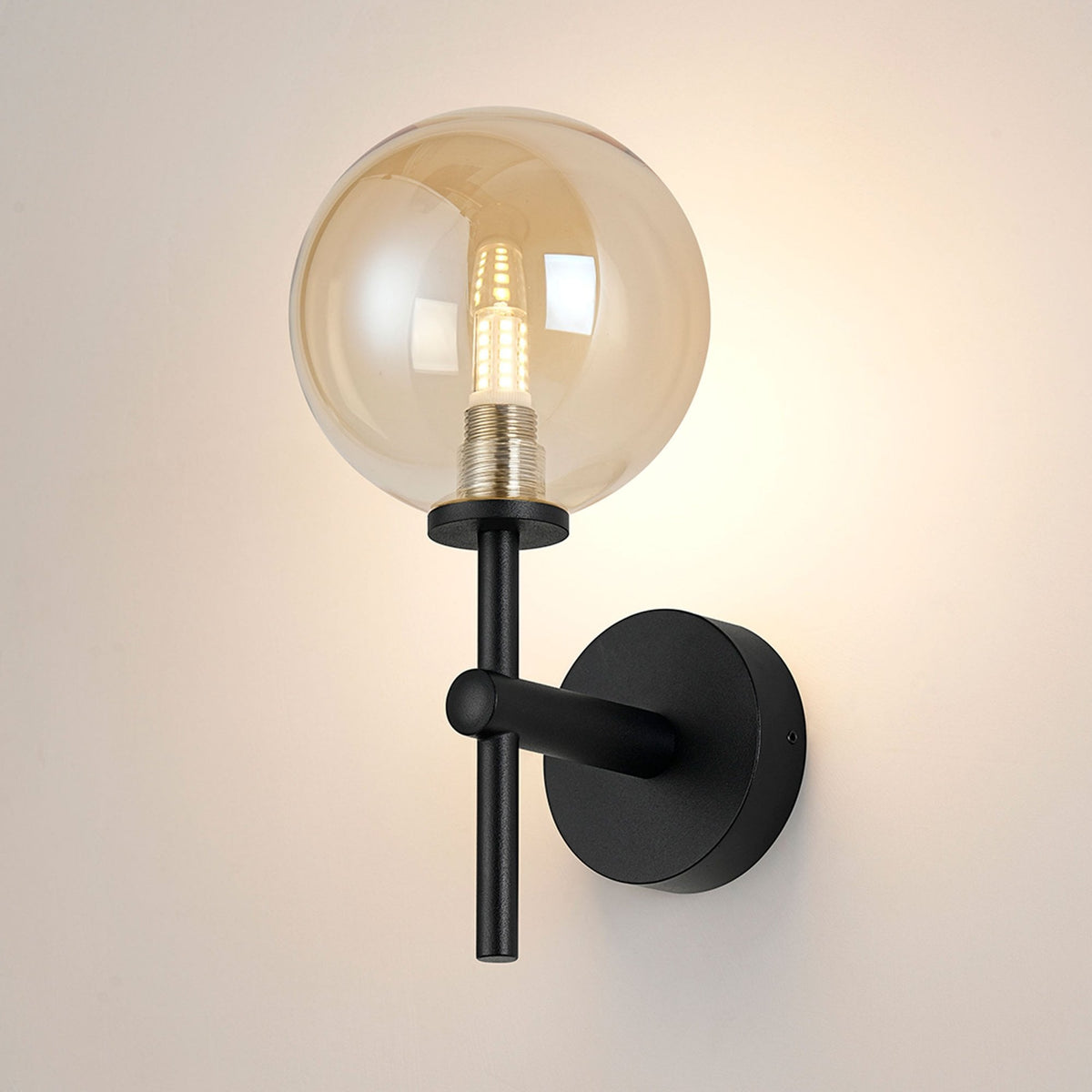 Tenterden Medium Arm IP44 Wall Light in Satin Black with Smooth Round Amber Glass Diffuser