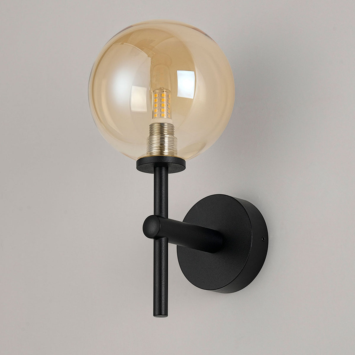 Tenterden Medium Arm IP44 Wall Light in Satin Black with Smooth Round Amber Glass Diffuser