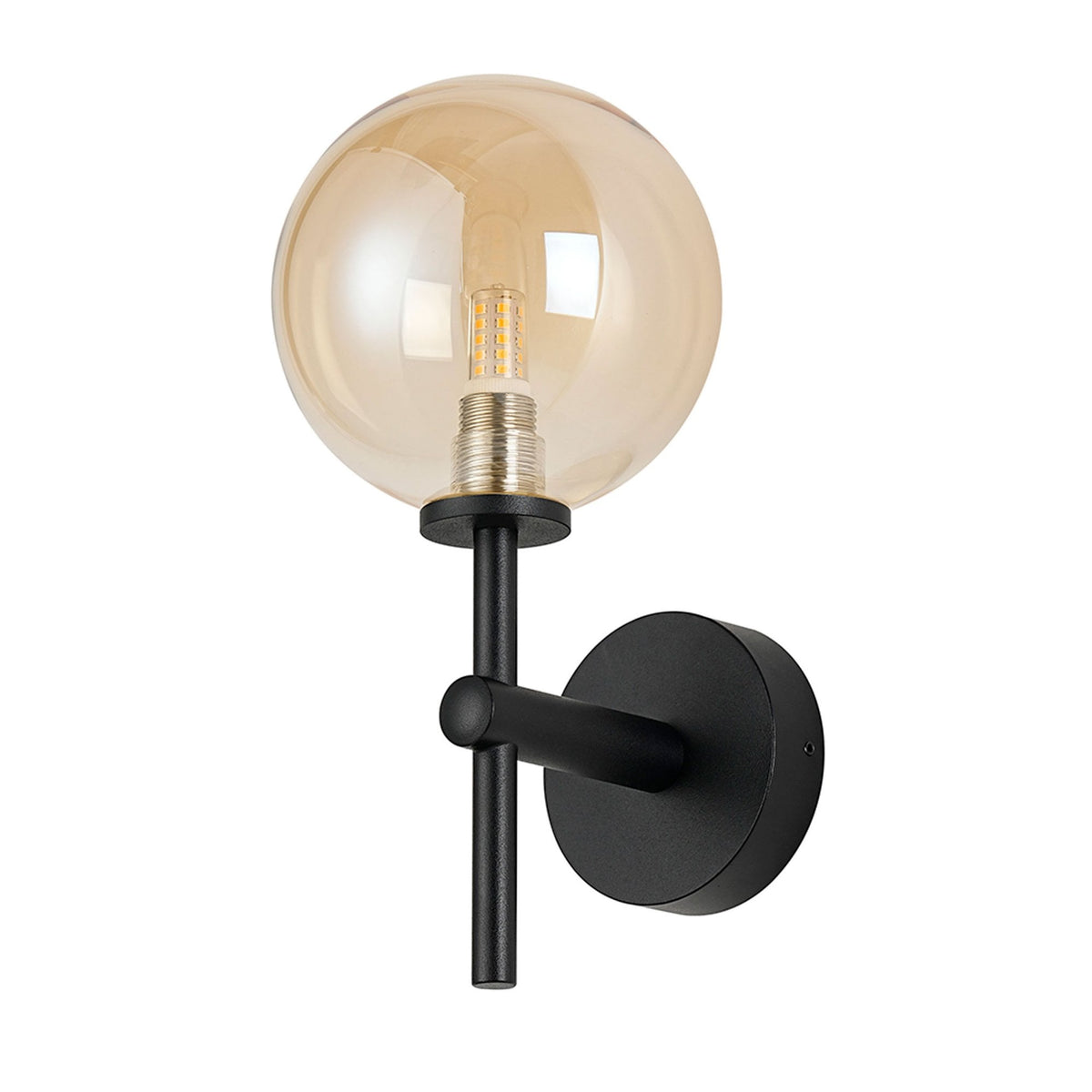 Tenterden Medium Arm IP44 Wall Light in Satin Black with Smooth Round Amber Glass Diffuser