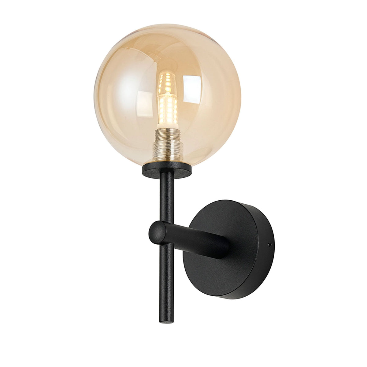 Tenterden Medium Arm IP44 Wall Light in Satin Black with Smooth Round Amber Glass Diffuser
