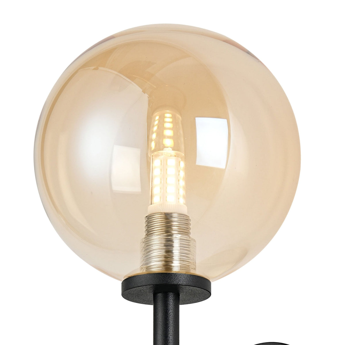 Tenterden Medium Arm IP44 Wall Light in Satin Black with Smooth Round Amber Glass Diffuser
