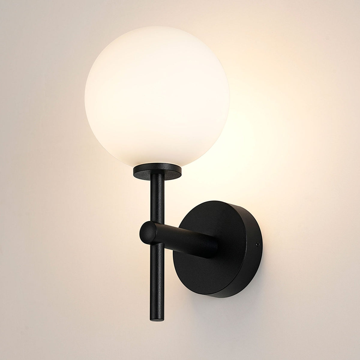 Tenterden Medium Arm IP44 Wall Light in Satin Black with Smooth Round Opal Glass Diffuser