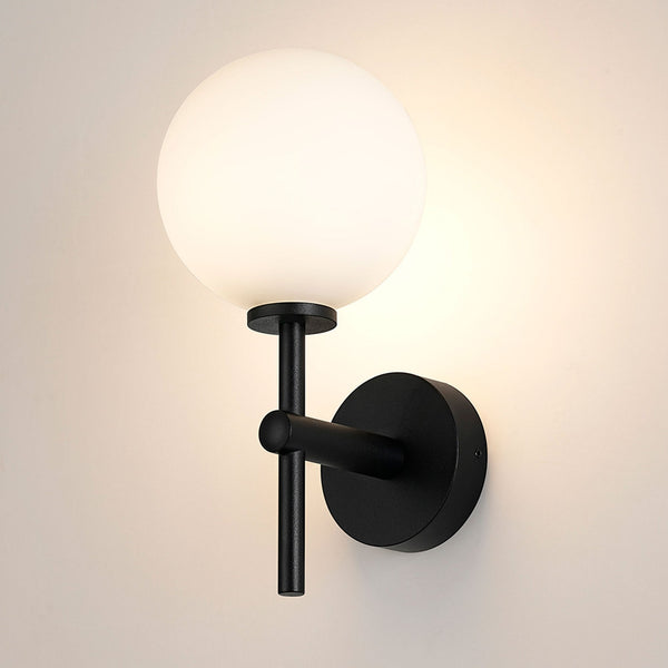 Tenterden Medium Arm IP44 Wall Light in Satin Black with Smooth Round Opal Glass Diffuser
