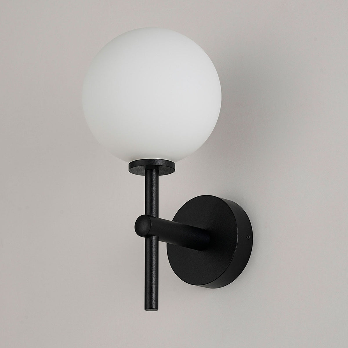 Tenterden Medium Arm IP44 Wall Light in Satin Black with Smooth Round Opal Glass Diffuser