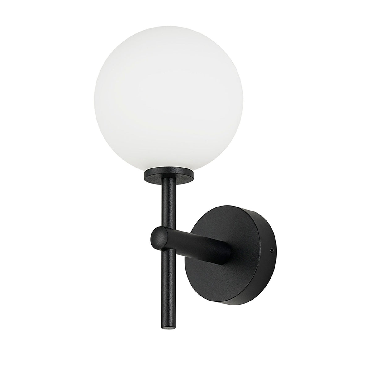 Tenterden Medium Arm IP44 Wall Light in Satin Black with Smooth Round Opal Glass Diffuser