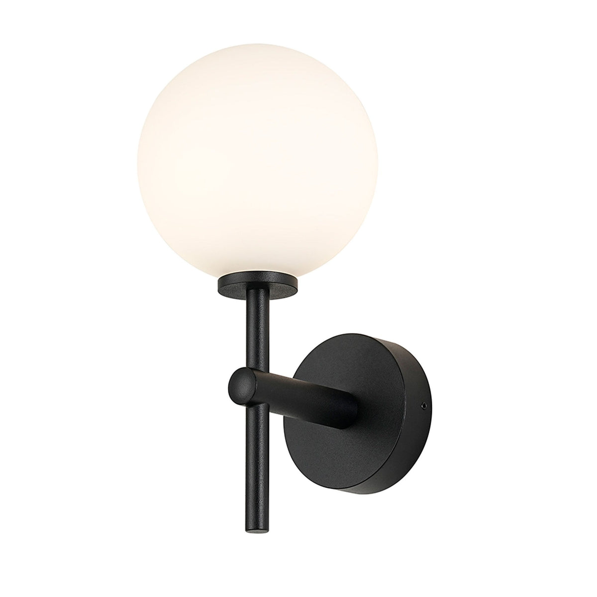 Tenterden Medium Arm IP44 Wall Light in Satin Black with Smooth Round Opal Glass Diffuser
