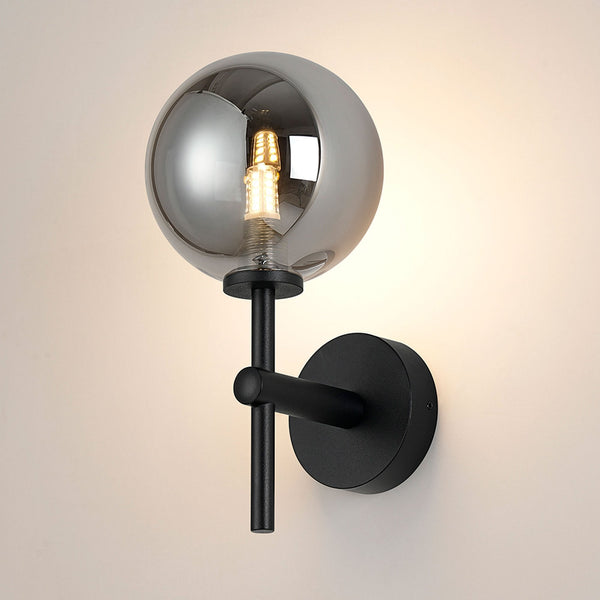 Tenterden Medium Arm IP44 Wall Light in Satin Black with Smooth Round Smoke Glass Diffuser