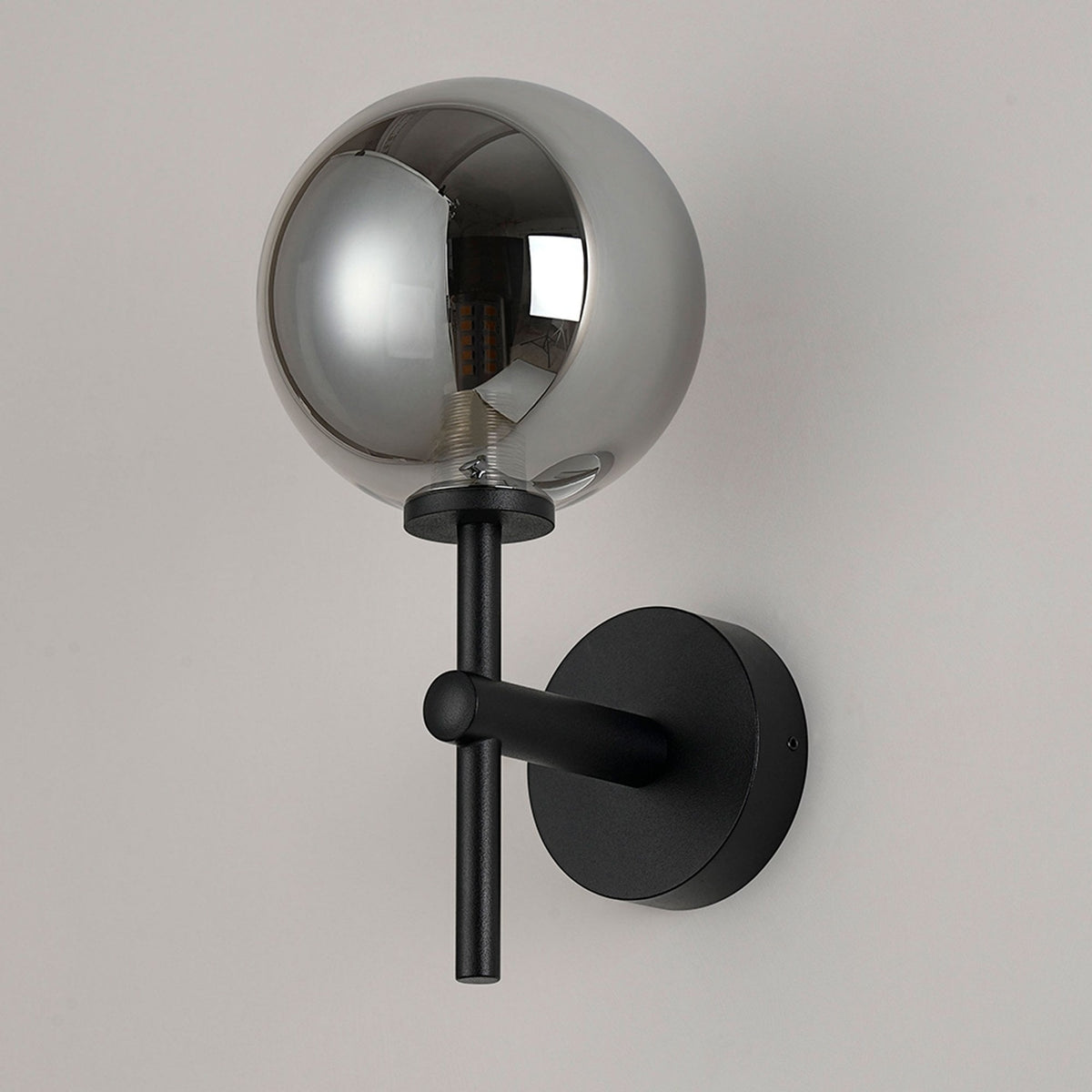 Tenterden Medium Arm IP44 Wall Light in Satin Black with Smooth Round Smoke Glass Diffuser