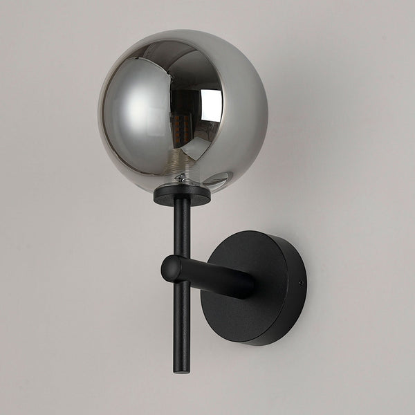 Tenterden Medium Arm IP44 Wall Light in Satin Black with Smooth Round Smoke Glass Diffuser