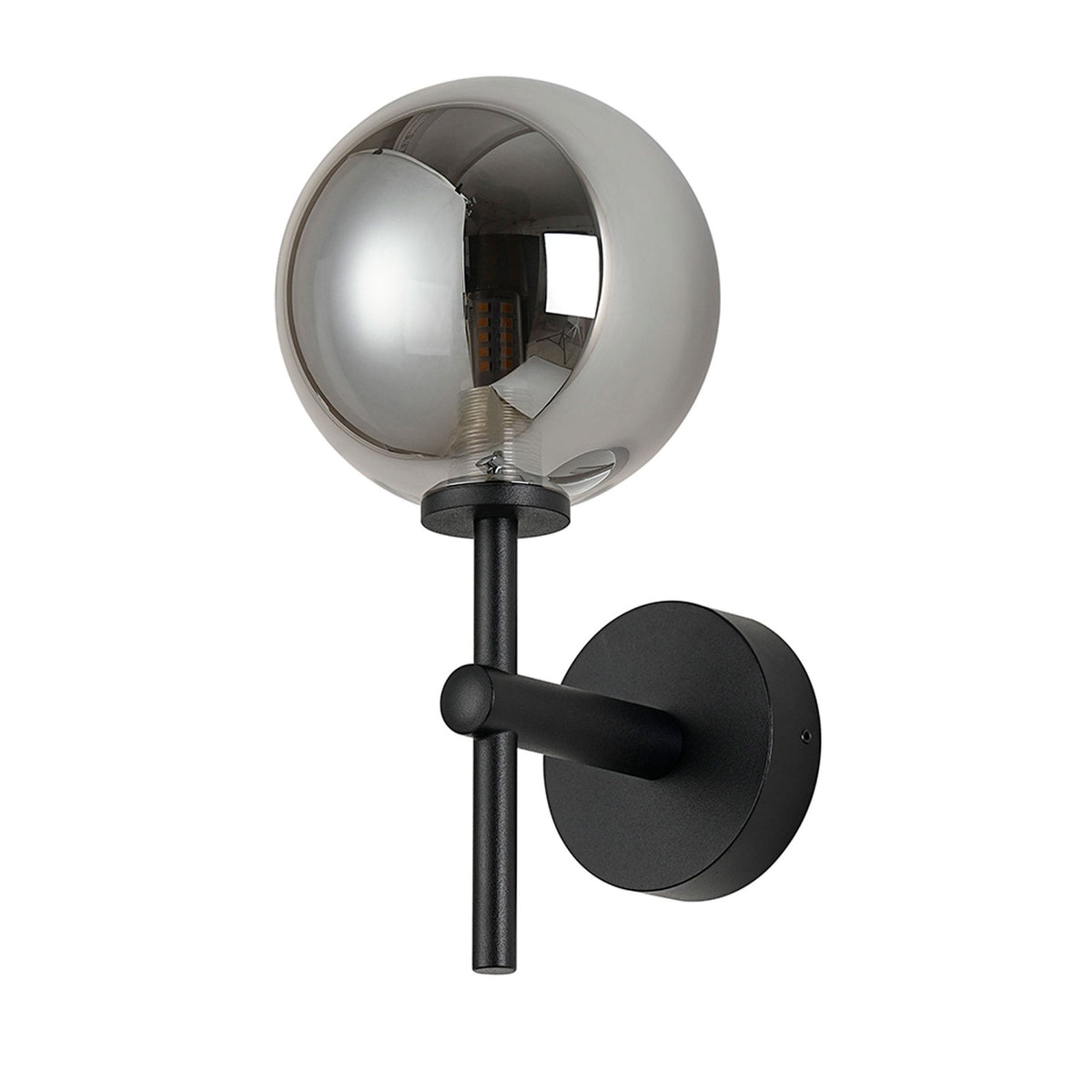 Tenterden Medium Arm IP44 Wall Light in Satin Black with Smooth Round Smoke Glass Diffuser