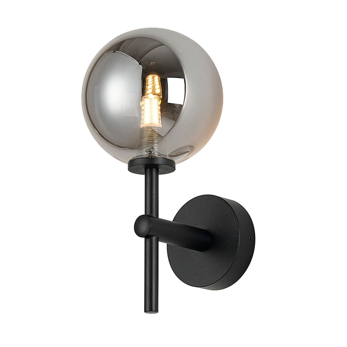 Tenterden Medium Arm IP44 Wall Light in Satin Black with Smooth Round Smoke Glass Diffuser