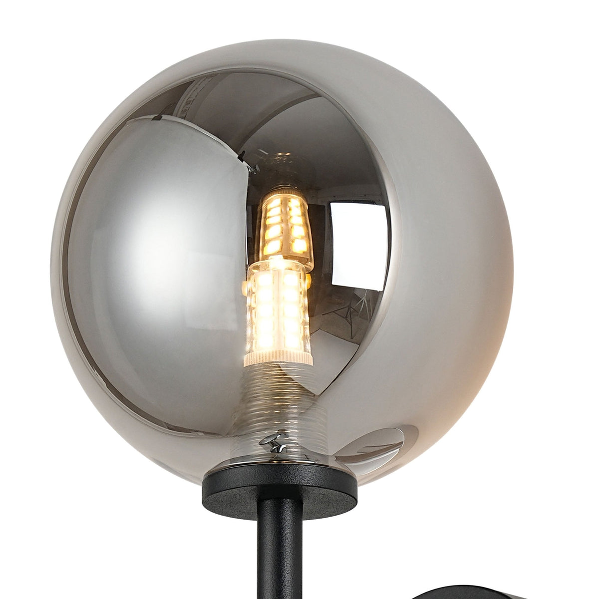 Tenterden Medium Arm IP44 Wall Light in Satin Black with Smooth Round Smoke Glass Diffuser