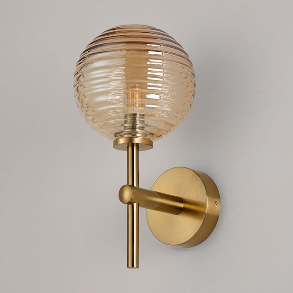 Tenterden Medium Arm IP44 Wall Light in Brass Gold with Ribbed Round Amber Glass Diffuser