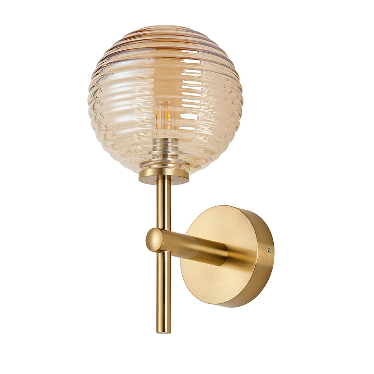 Tenterden Medium Arm IP44 Wall Light in Brass Gold with Ribbed Round Amber Glass Diffuser