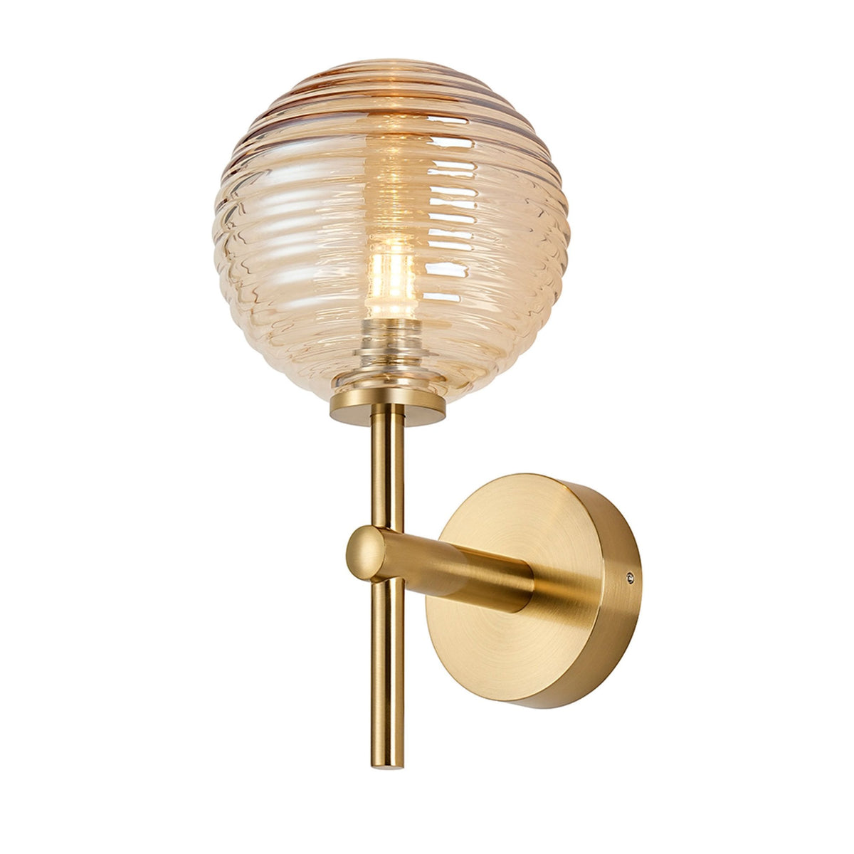 Tenterden Medium Arm IP44 Wall Light in Brass Gold with Ribbed Round Amber Glass Diffuser