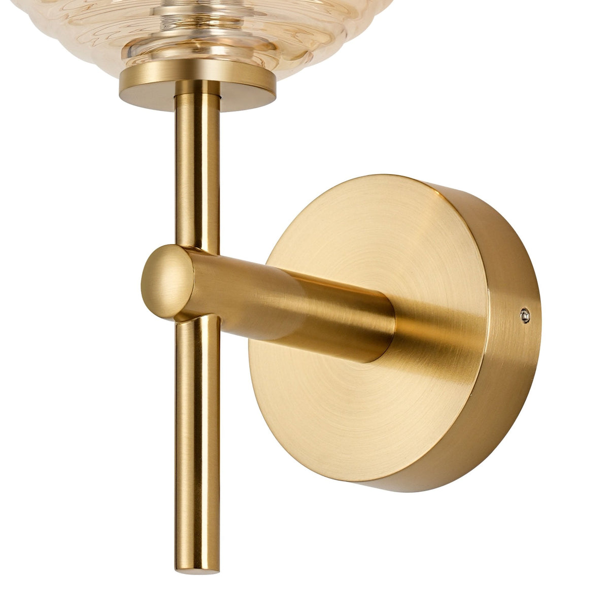 Tenterden Medium Arm IP44 Wall Light in Brass Gold with Ribbed Round Amber Glass Diffuser