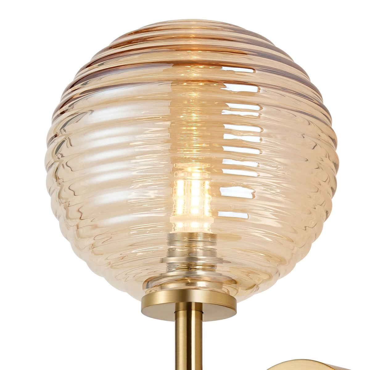 Tenterden Medium Arm IP44 Wall Light in Brass Gold with Ribbed Round Amber Glass Diffuser