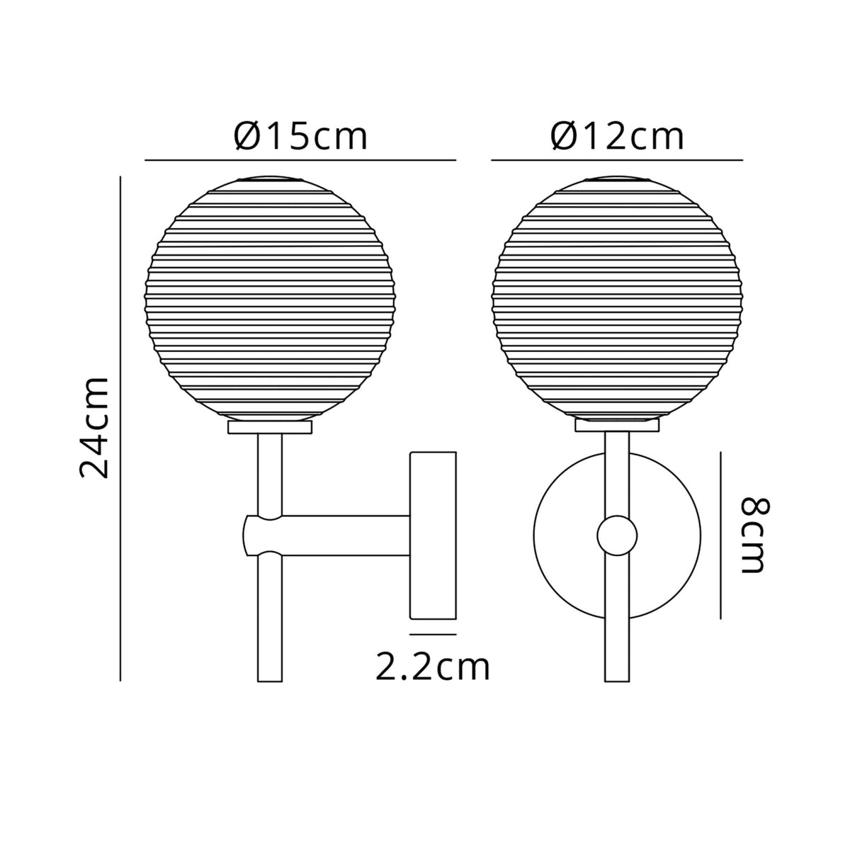 Tenterden Medium Arm IP44 Wall Light in Brass Gold with Ribbed Round Amber Glass Diffuser