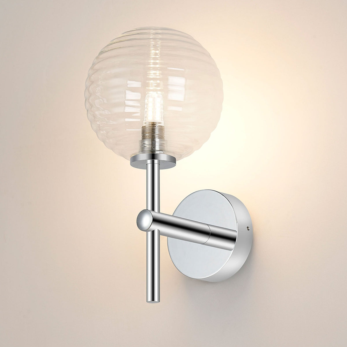 Tenterden Medium Arm IP44 Wall Light in Chrome with Ribbed Round Clear Glass Diffuser