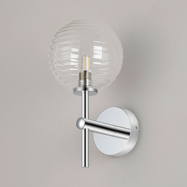 Tenterden Medium Arm IP44 Wall Light in Chrome with Ribbed Round Clear Glass Diffuser