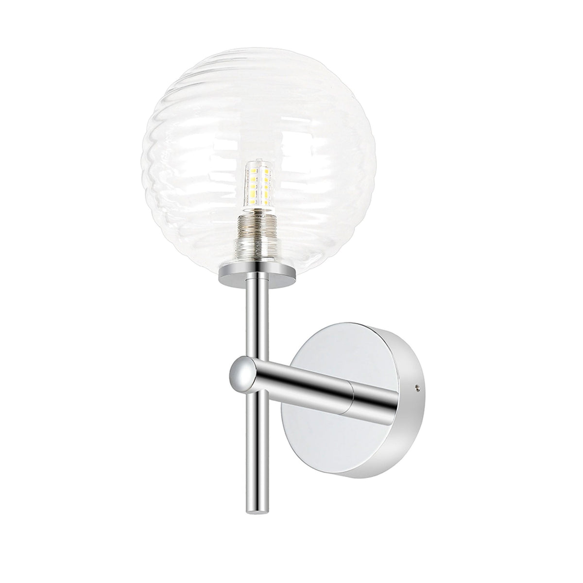 Tenterden Medium Arm IP44 Wall Light in Chrome with Ribbed Round Clear Glass Diffuser