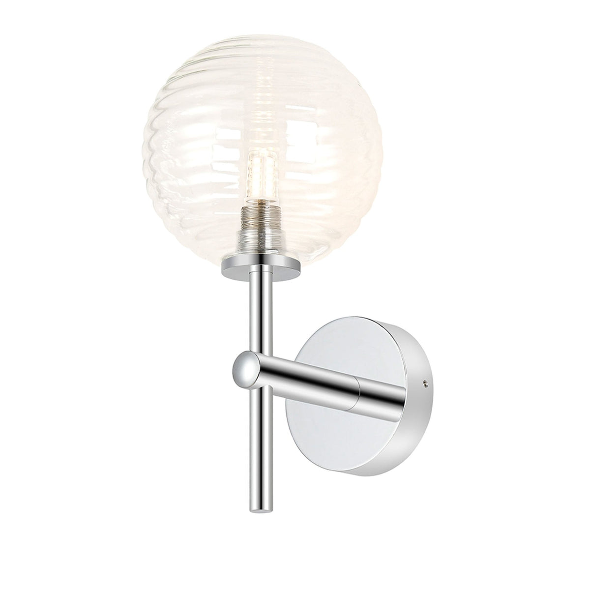 Tenterden Medium Arm IP44 Wall Light in Chrome with Ribbed Round Clear Glass Diffuser
