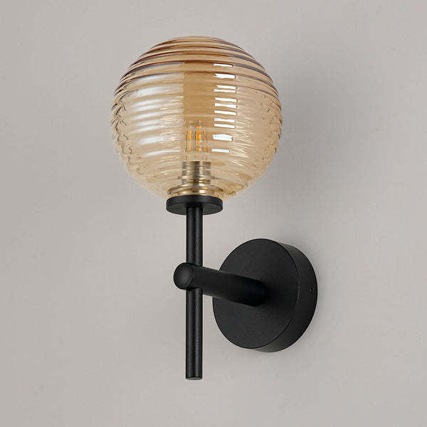 Tenterden Medium Arm IP44 Wall Light in Satin Black with Ribbed Round Amber Glass Diffuser