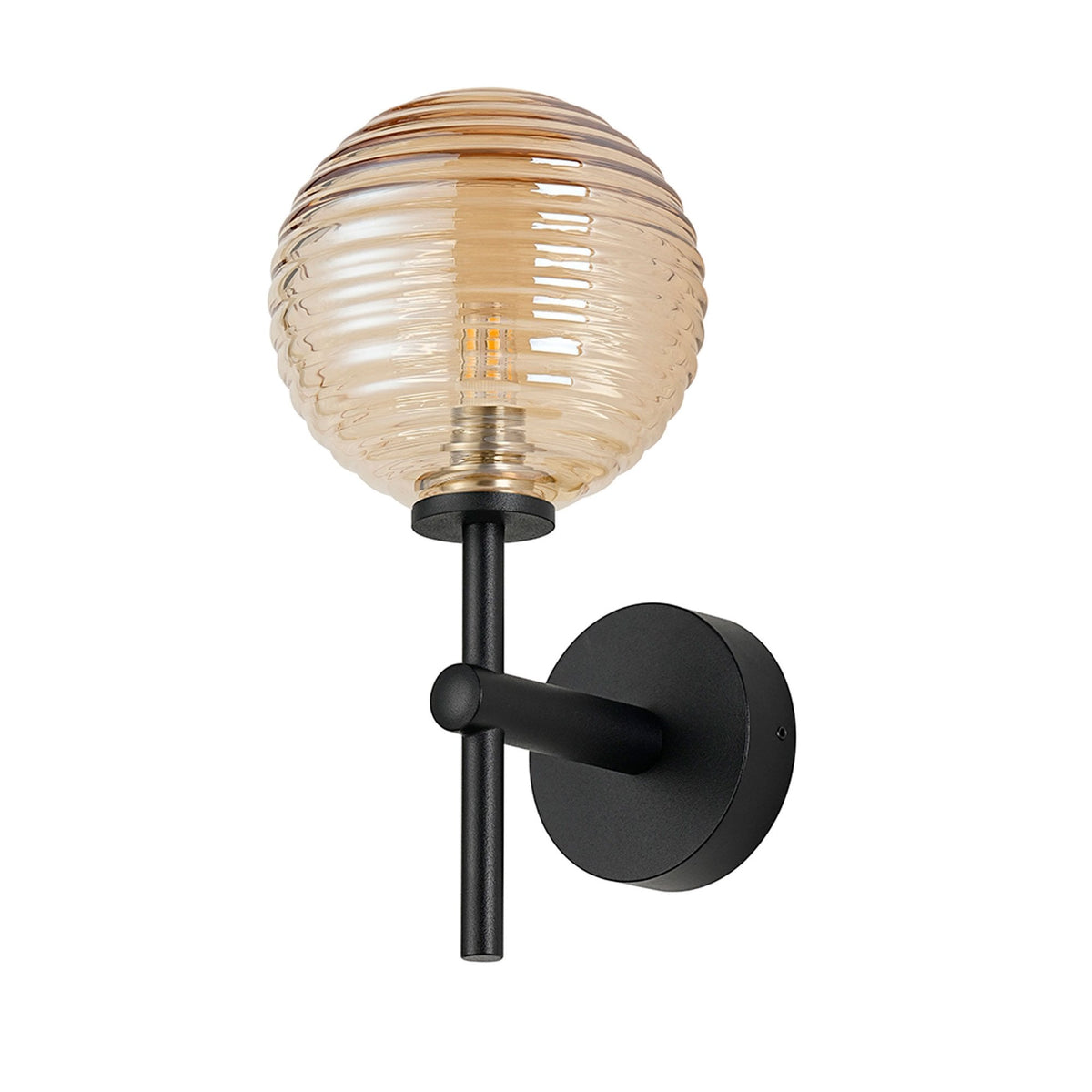 Tenterden Medium Arm IP44 Wall Light in Satin Black with Ribbed Round Amber Glass Diffuser