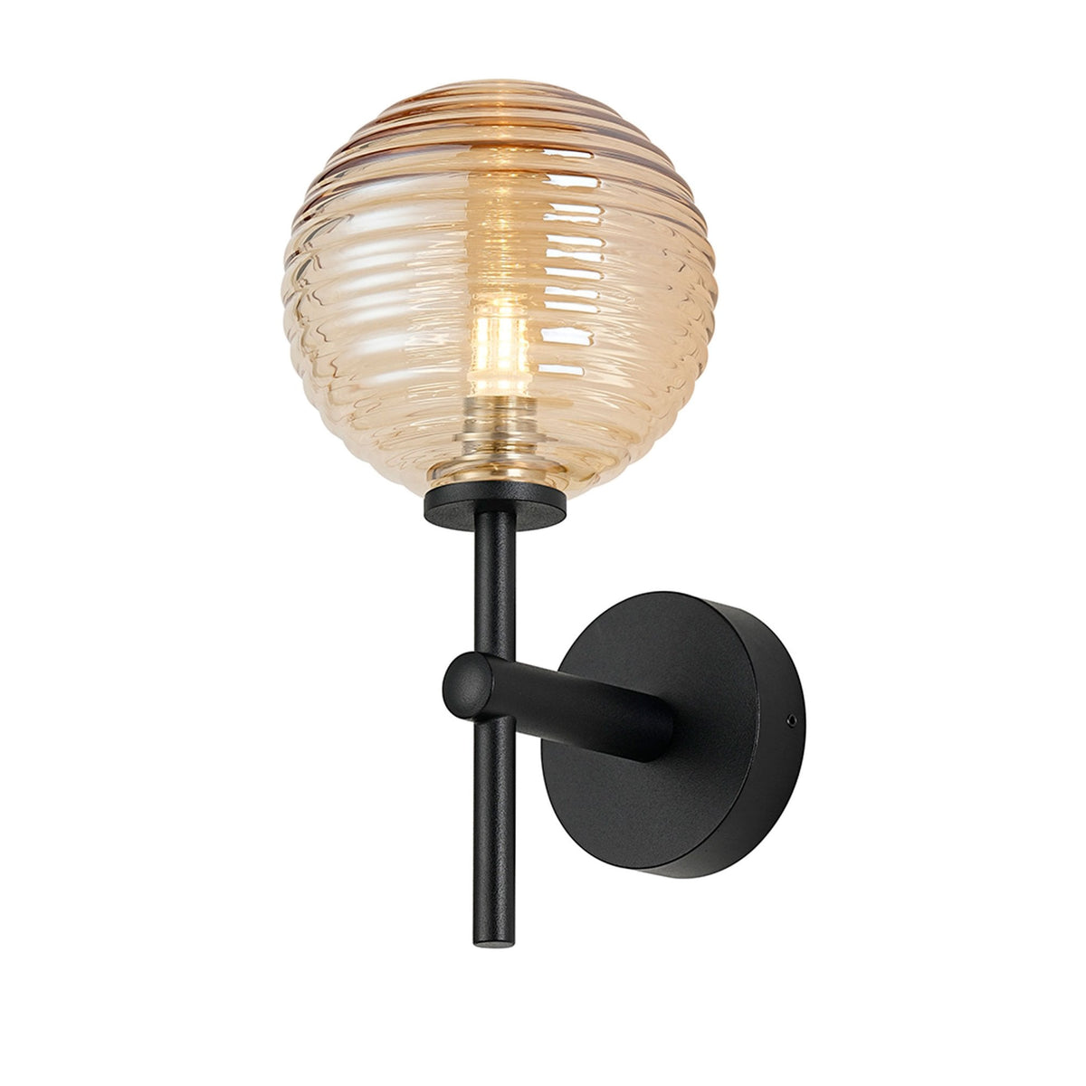 Tenterden Medium Arm IP44 Wall Light in Satin Black with Ribbed Round Amber Glass Diffuser