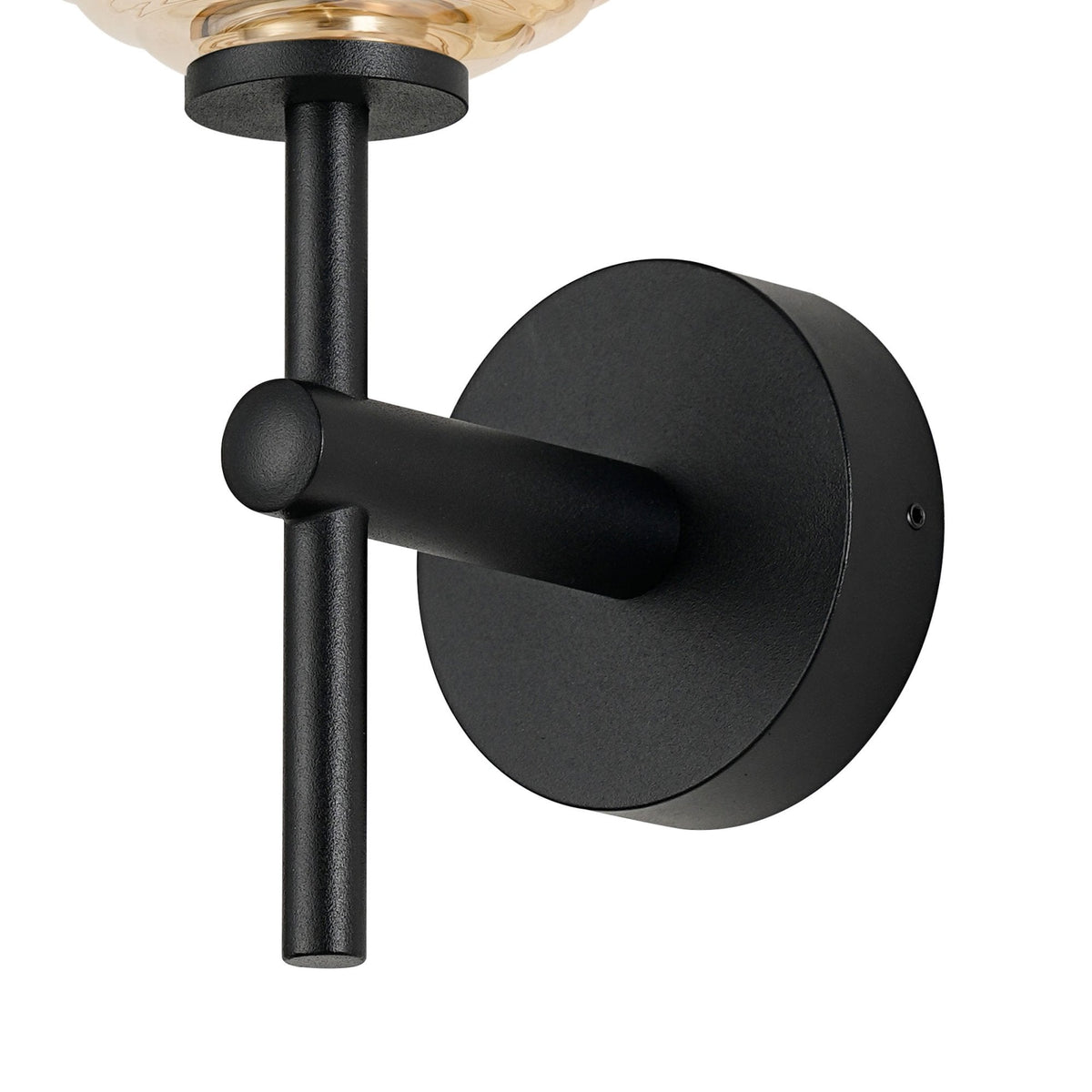 Tenterden Medium Arm IP44 Wall Light in Satin Black with Ribbed Round Amber Glass Diffuser