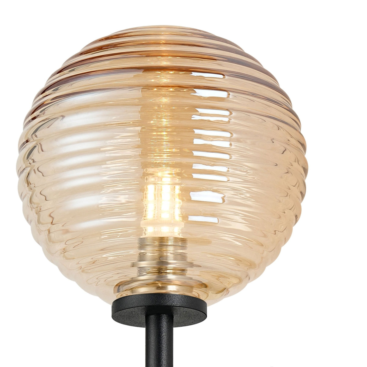 Tenterden Medium Arm IP44 Wall Light in Satin Black with Ribbed Round Amber Glass Diffuser