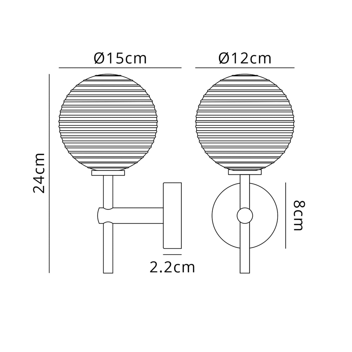 Tenterden Medium Arm IP44 Wall Light in Satin Black with Ribbed Round Amber Glass Diffuser