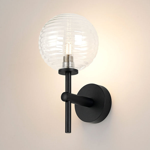 Tenterden Medium Arm IP44 Wall Light in Satin Black with Ribbed Round Clear Glass Diffuser